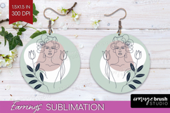Line Art Woman Round Earrings - Minimalist PNG Sublimation Product Image 1