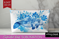 Manatee Floral Cosmetic Bag Blue Flowers Makeup Bag PNG Product Image 1