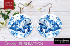 Manatee Floral Round Earrings Blue Flowers PNG Sublimation Product Image 1