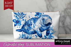 Manatee Floral Cosmetic Bag Blue Flowers Makeup Bag PNG Product Image 1
