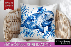 Manatee Floral Pillow Sublimation Blue Flowers Pillow Cover Product Image 1