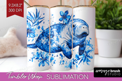 Manatee Floral Tumbler Wrap Blue Flowers Tumbler PNG Product Image 1