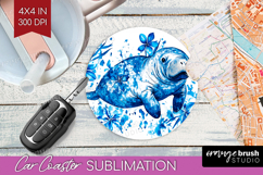 Manatee Floral Car Coaster Blue Flowers Coaster PNG Product Image 1