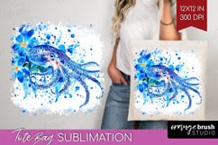 Octopus Floral Tote Bag Blue Flowers Tote Bag PNG Product Image 1