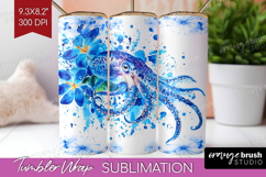 Octopus Floral Tumbler Wrap Blue Flowers Tumbler PNG Product Image 1