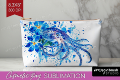 Octopus Floral Cosmetic Bag Blue Flowers Makeup Bag PNG Product Image 1