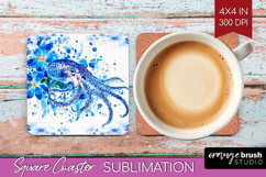Octopus Floral Square Coaster Blue Flowers Coaster PNG Product Image 1