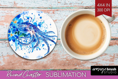 Octopus Floral Round Coaster Blue Flowers Coaster PNG Product Image 1