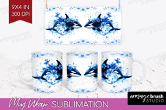 Orca Floral Mug Wrap Blue Flowers Mug PNG Sublimation Product Image 1