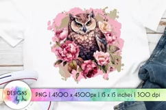 Owl with Pink Peony Flowers Sublimation | Watercolour Owl Product Image 1
