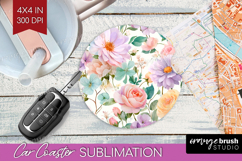 Pastel Flowers Car Coaster - Summer Coaster PNG Sublimation Product Image 1