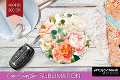 Pastel Flowers Car Coaster - Summer Coaster PNG Sublimation Product Image 1