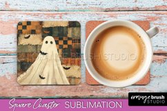 Patchwork Retro Halloween Coaster, Ghost Square Coaster PNG Product Image 1