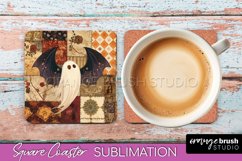 Patchwork Retro Halloween Coaster, Ghost Square Coaster PNG Product Image 1
