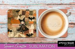 Patchwork Retro Halloween Coaster, Ghost Square Coaster PNG Product Image 1