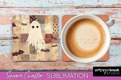 Patchwork Retro Halloween Coaster, Ghost Square Coaster PNG Product Image 1