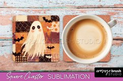 Patchwork Retro Halloween Coaster, Ghost Square Coaster PNG Product Image 1