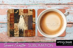 Patchwork Retro Halloween Coaster, Ghost Square Coaster PNG Product Image 1