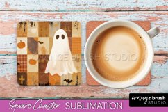 Patchwork Retro Halloween Coaster, Ghost Square Coaster PNG Product Image 1