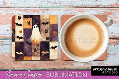 Patchwork Retro Halloween Coaster, Ghost Square Coaster PNG Product Image 1