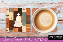 Patchwork Retro Halloween Coaster, Ghost Square Coaster PNG Product Image 1
