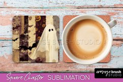 Patchwork Retro Halloween Coaster, Ghost Square Coaster PNG Product Image 1
