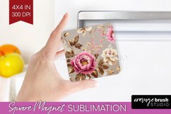 Peony Flowers Magnet Sublimation - Floral Square Magnet PNG Product Image 1
