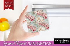Peony Flowers Magnet Sublimation - Floral Square Magnet PNG Product Image 1