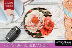 Peony Flowers Car Coaster - Floral Coaster PNG Sublimation Product Image 1