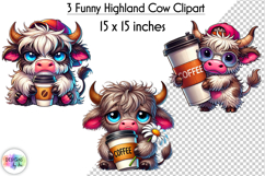 Cute Highland Cow Clipart, Coffee Lover PNG, Baby Animals Product Image 1