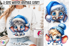 Cute Winter Animals in Blue Hat Clipart, Baby Elephant PNG Product Image 1
