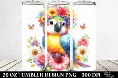 Cute Cartoon-Style Macaw, Flower Crown | 20 oz Tumbler Product Image 2