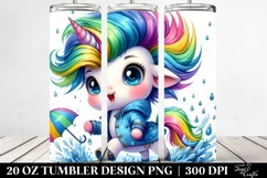 Excited Baby Unicorn Playing in Raincoat | 20 oz Tumbler Product Image 2