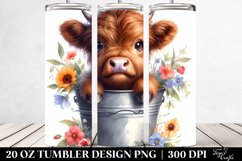 Baby Highland Cow Bucket Flowers Watercolor Tumbler | 20 oz Product Image 2