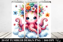 Cartoon-Style Octopus with Flower Crown 20 Oz Tumbler Product Image 2