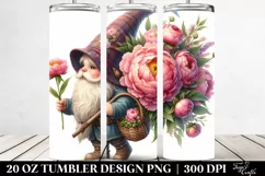 Detailed Watercolor Gnome with Peonies | 20 Oz Tumbler Product Image 2