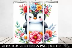Cute Cartoon-Style Watercolor Penguin with Flower Crown | 20 Product Image 2