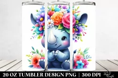 Cartoon-Style Rhino with Flower Crown 20 Oz Tumbler Product Image 2