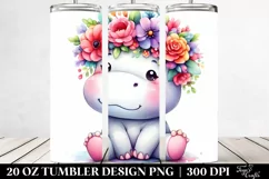 Cute Cartoon-Style Hippo,Watercolor Flower Crown | 20 oz Product Image 2