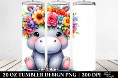 Cute Cartoon-Style Hippo,Watercolor Flower Crown | 20 oz Product Image 2
