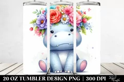 Cartoon-style Watercolor Hippo with Flower Crown | 20 oz Product Image 2