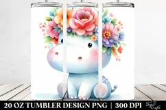 Cartoon-style Watercolor Hippo with Flower Crown | 20 oz Product Image 2