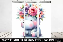Cartoon-style Watercolor Hippo with Flower Crown | 20 oz Product Image 2