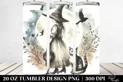 Washed Watercolor Tumbler with Vintage Witch and Cat | 20 oz Product Image 2