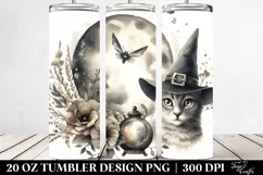 Washed Watercolor Tumbler with Vintage Witch and Cat | 20 oz Product Image 2