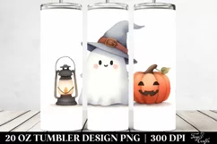 Cute Ghost Lantern Pumpkin Watercolor Tumbler Product Image 2