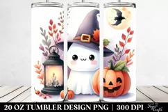 Cute Ghost Lantern Pumpkin Watercolor Tumbler Product Image 2