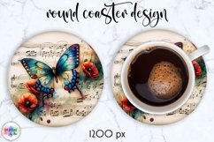 Vintage Butterfly Coaster, Vintage Music Paper with Flowers Product Image 1