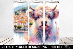 Highland Cow Provençal Town Watercolor. 20 Oz Tumbler Design Product Image 2