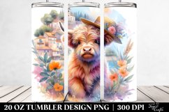 Highland Cow Provençal Town Watercolor. 20 Oz Tumbler Design Product Image 2